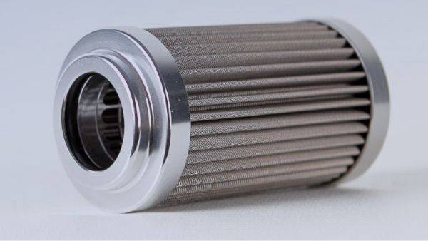 A horizontally placed stainless steel fuel filter is displayed.