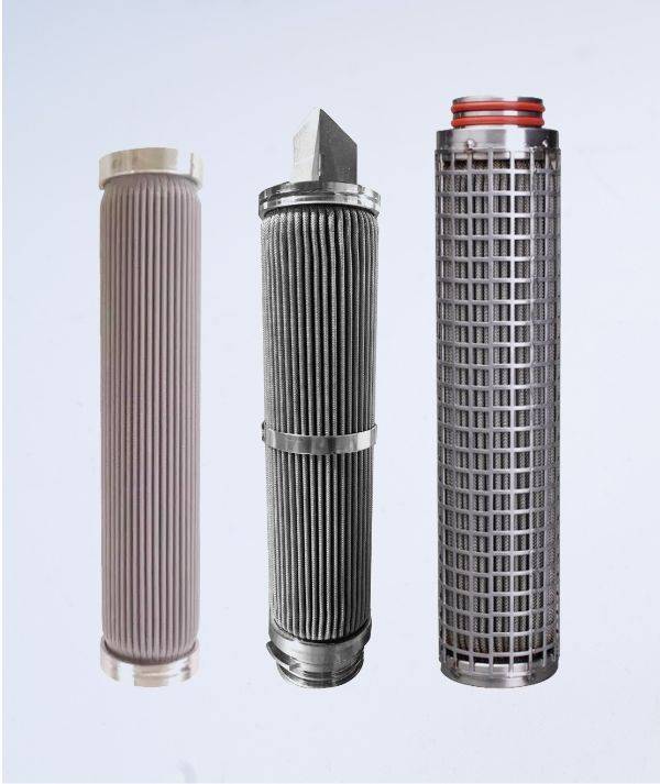3 vertically placed stainless steel pleated filter cartridges are displayed.