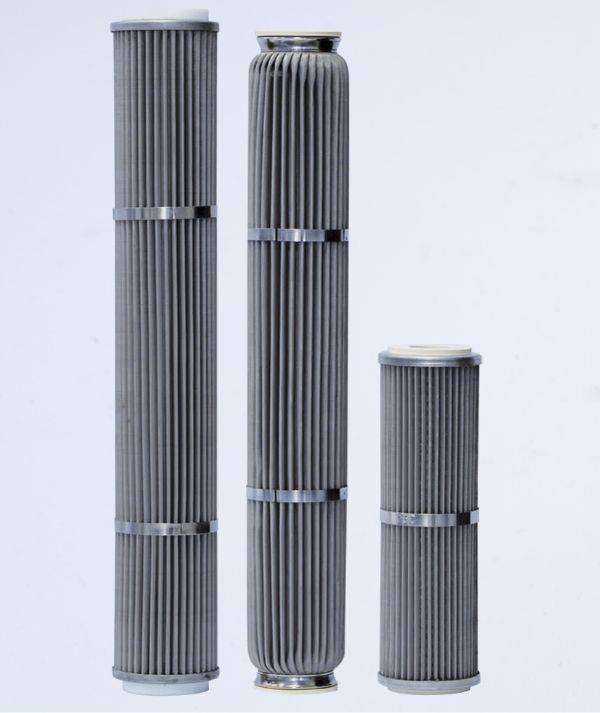3 vertically placed stainless steel pleated filters for water purifier are displayed.