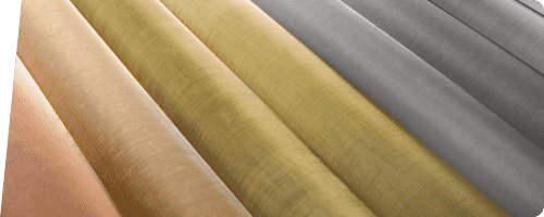 Wire mesh rolls made of different materials are displayed.